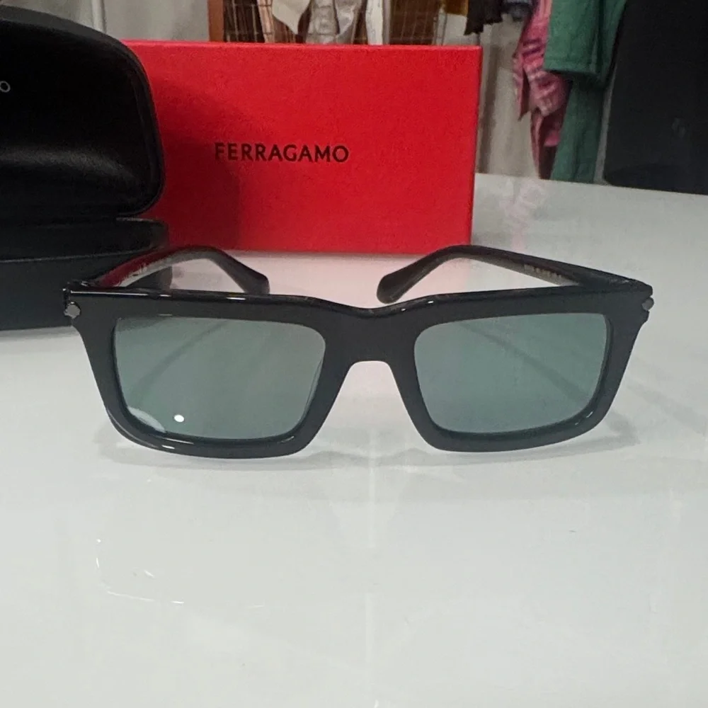 Salvatore Ferragamo Black Frame Sunglasses with Green Lenses